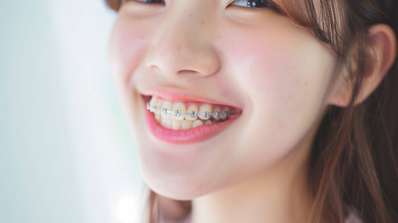 ワイヤー矯正をしている女性の口元