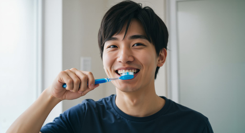 銀歯の下が虫歯になるのを防ぐために丁寧に歯磨きする男性