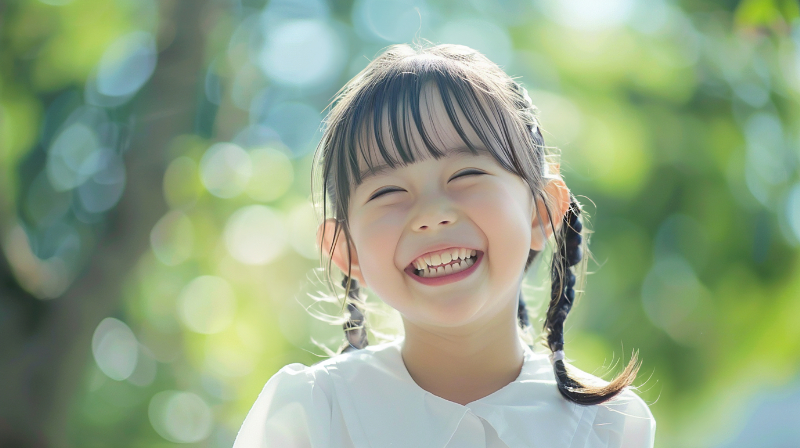 床矯正の治療が終わり笑顔を見せる子ども