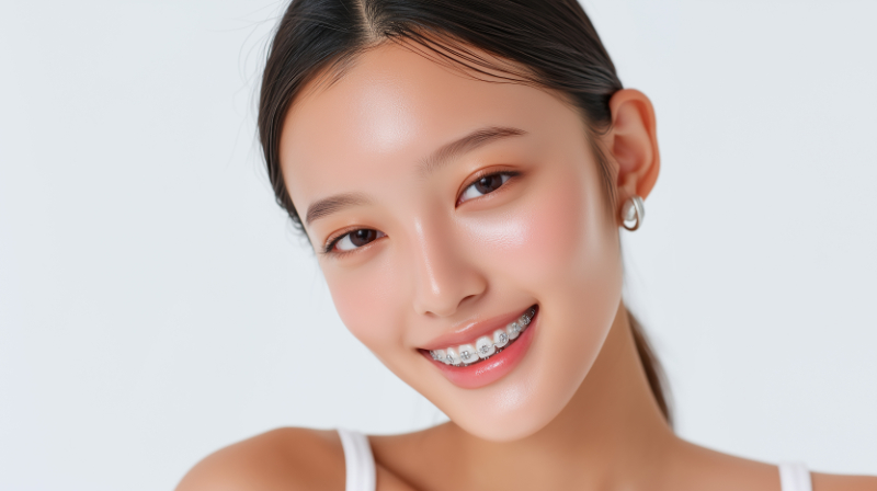 ワイヤー矯正中の女性