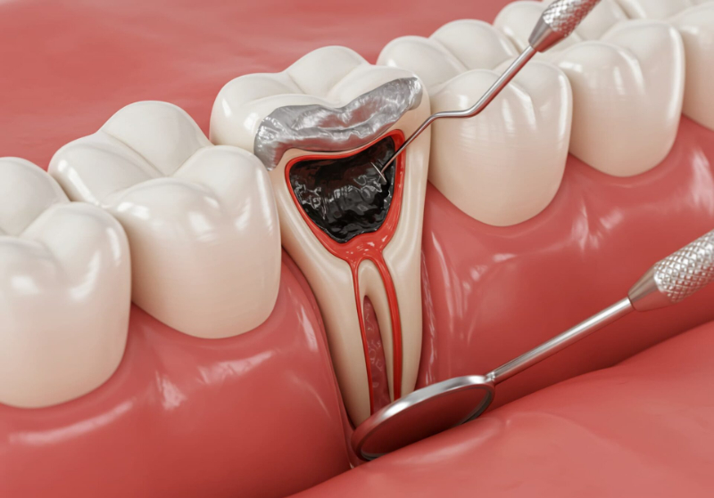 根管治療後に詰め物の隙間からの再感染したイメージ