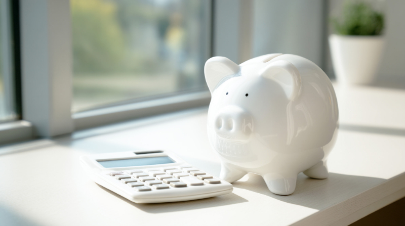 床矯正にかかる費用を示す計算機と豚の貯金箱