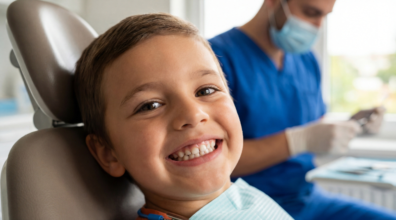 歯石除去を受けて綺麗になった歯を見せて笑う男の子