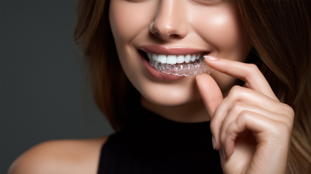 インビザラインのマウスピースを持つ女性