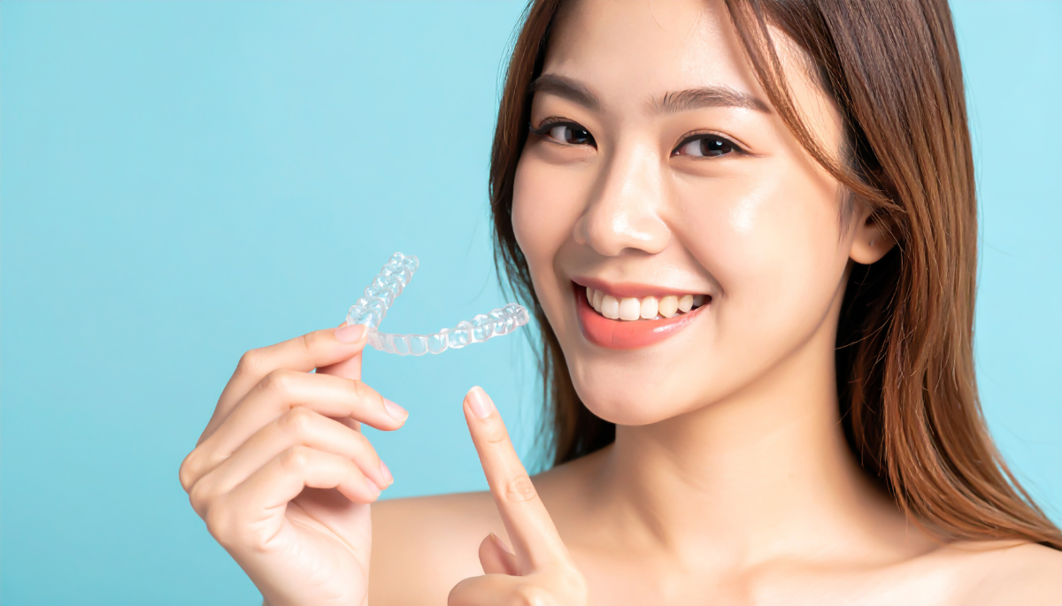 インビザラインのマウスピースを持つ女性