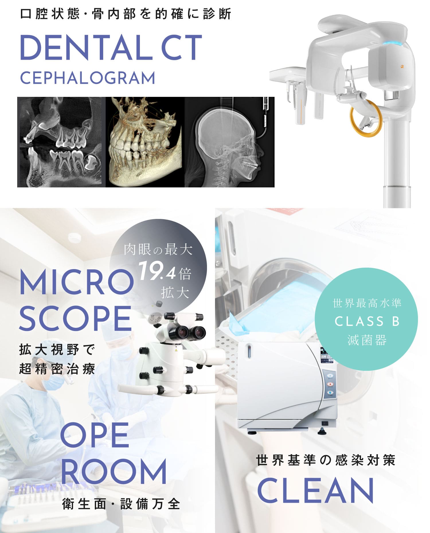 口腔状態・骨内部を的確に診断「歯科用CT」、拡大視野で超精密治療「マイクロスコープ」、衛生面・設備万全「オペルーム」、世界基準の感染対策「世界最高水準CLASS B滅菌器」